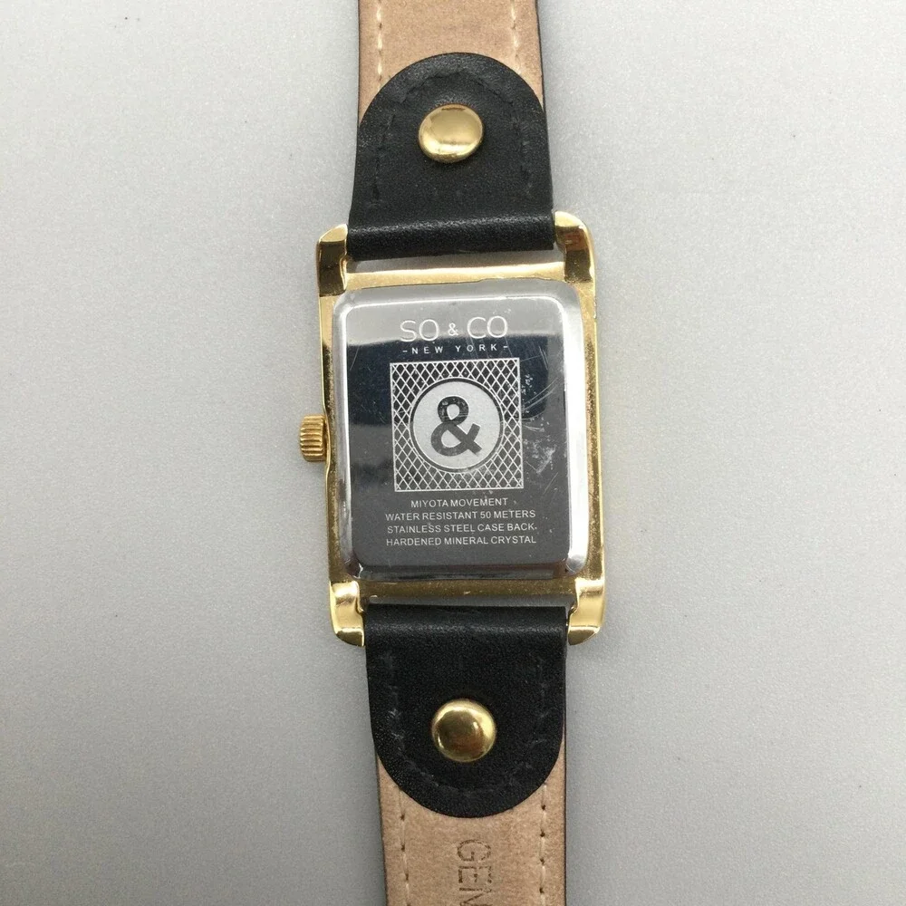 SO&CO New York Womens Watch 25mm Black Dial Gold Tone Leather Strap New Battery